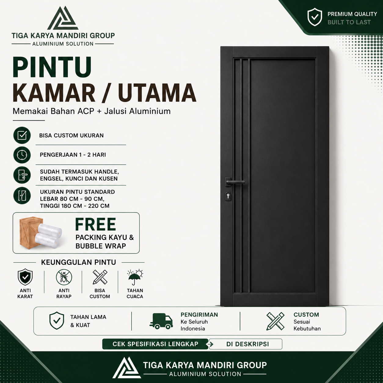 Pintu Aluminium ACP Model Elegan Minimalist Premium | Swing Kamar & Pintu Utama Anti Karat