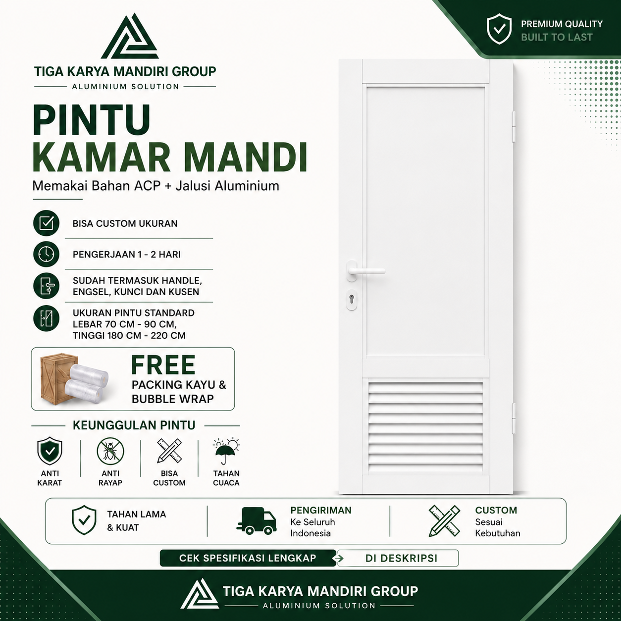 Pintu Kamar Mandi Aluminium Minimalist Premium | Anti Karat & Tahan Air