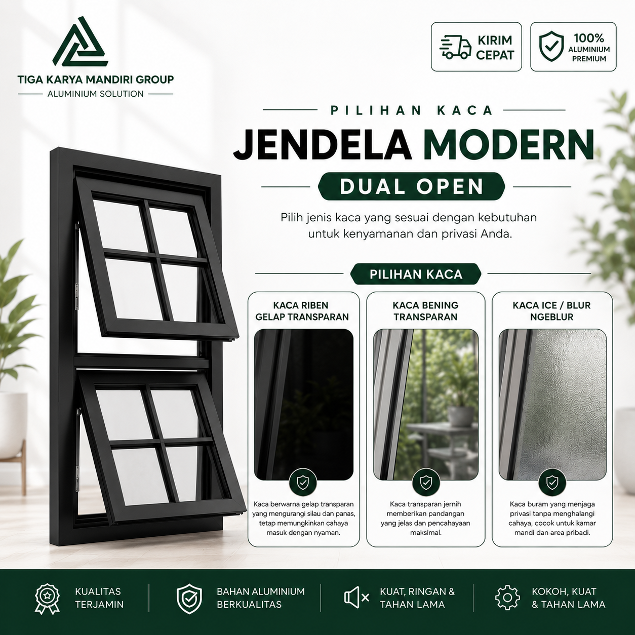Jendela Aluminium Modern Dual Open 50x100 cm | Minimalis Premium - Image 2