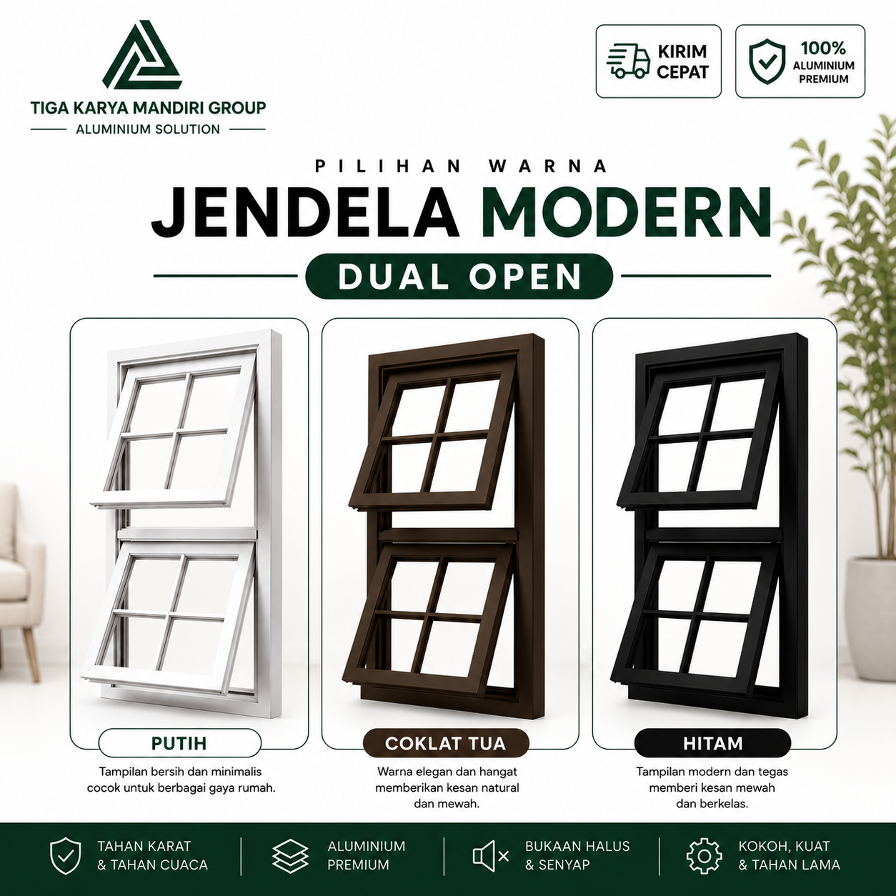 Jendela Aluminium Modern Dual Open 50x100 cm | Minimalis Premium - Image 3