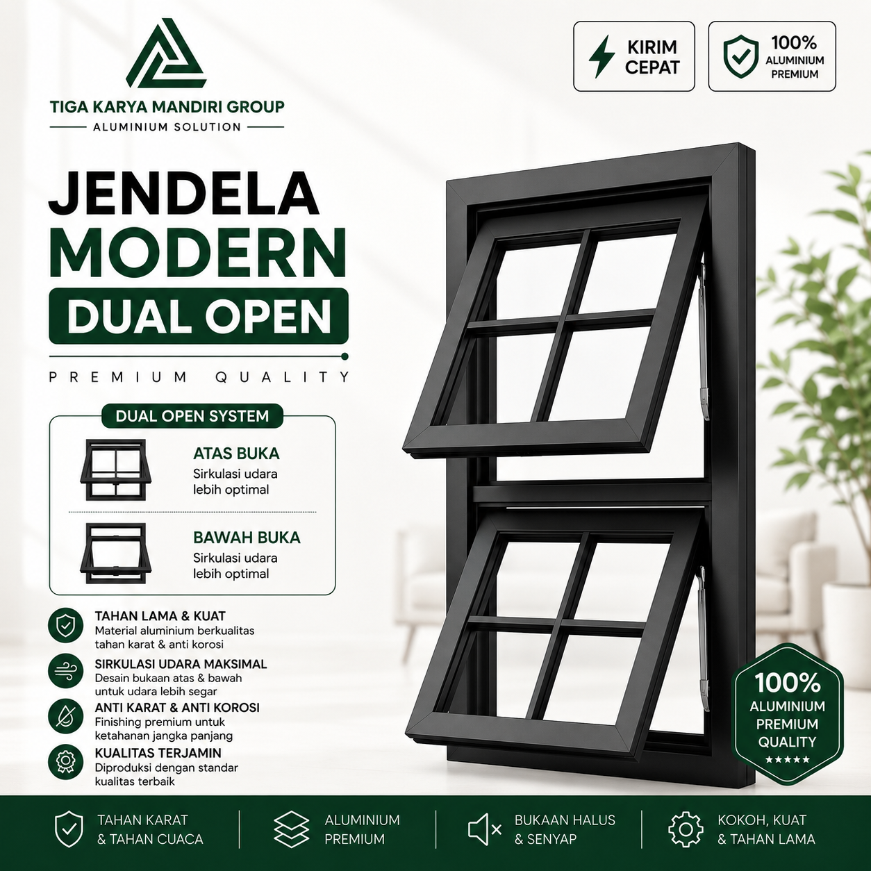 Jendela Aluminium Modern Dual Open 50x100 cm | Minimalis Premium