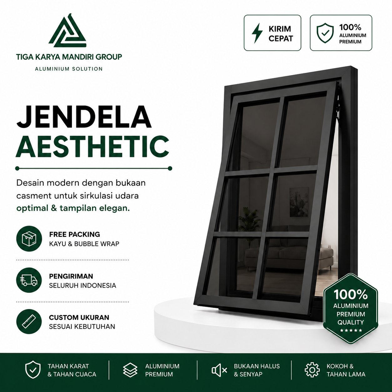 Jendela Aluminium Casement Ornamen 1 Daun | Bisa Custom Berbagai Ukuran | Anti Karat