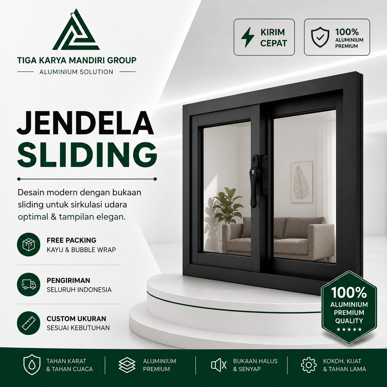 Jendela Sliding Aluminium Minimalist | Bisa Custom Ukuran | Anti Karat