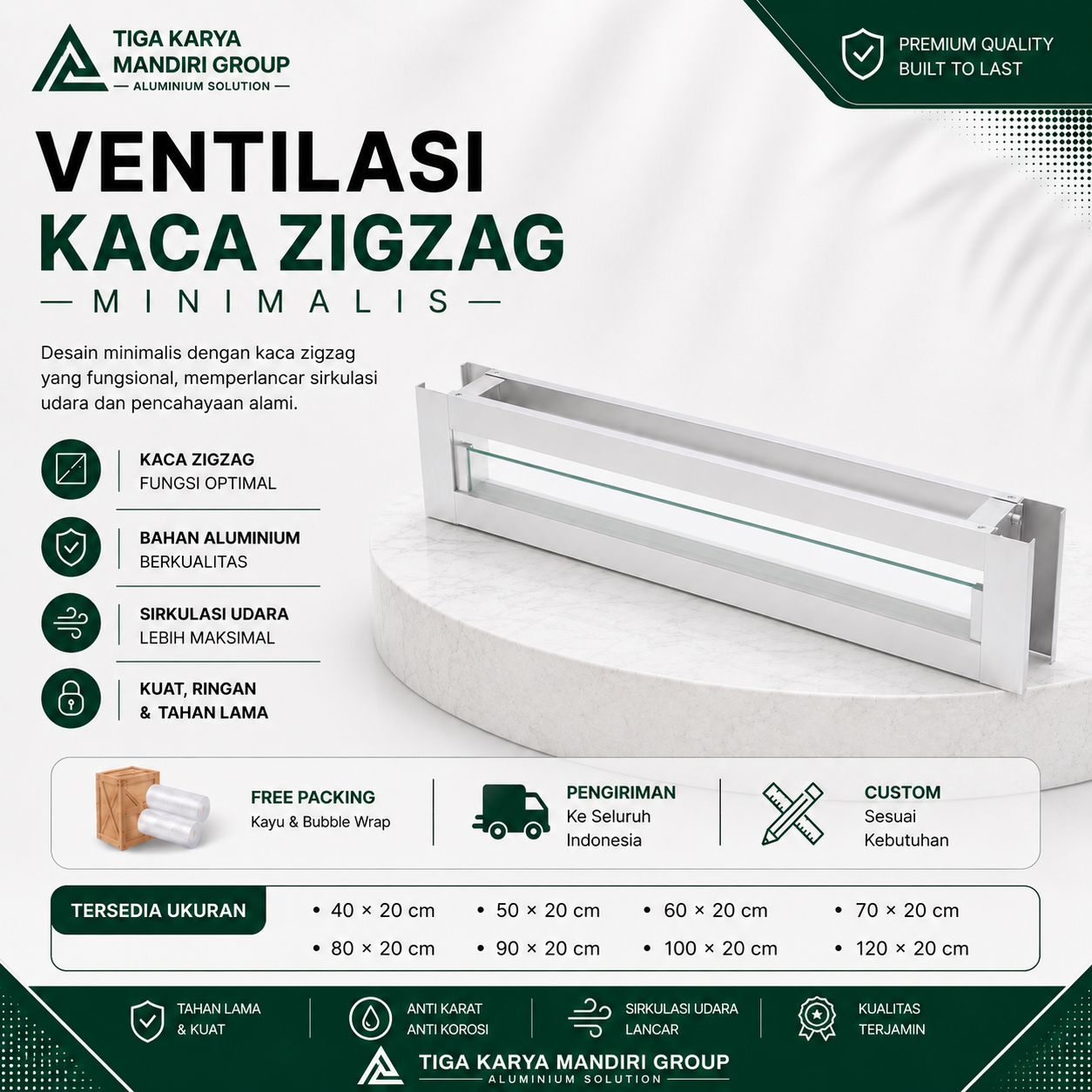 Kaca Mati Aluminium Zig Zag Minimalist Tinggi 20 cm | Ventilasi Dapur Modern