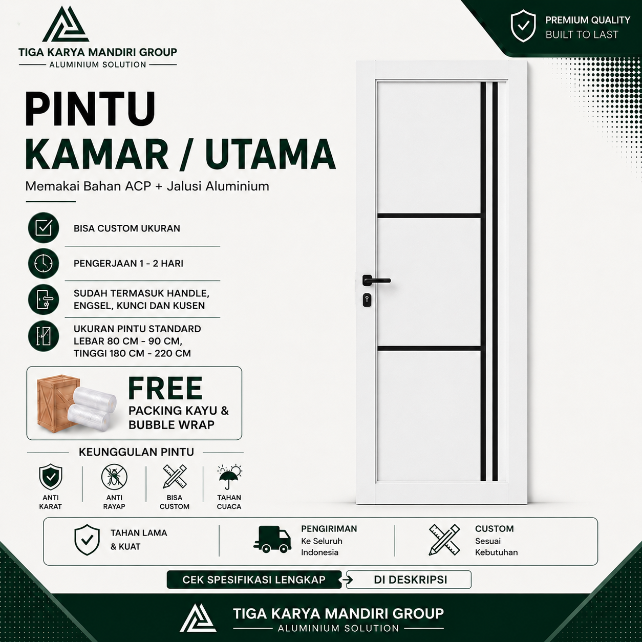 Pintu Aluminium ACP Model Estetik Minimalist Premium | Swing Kamar & Pintu Utama Anti Karat