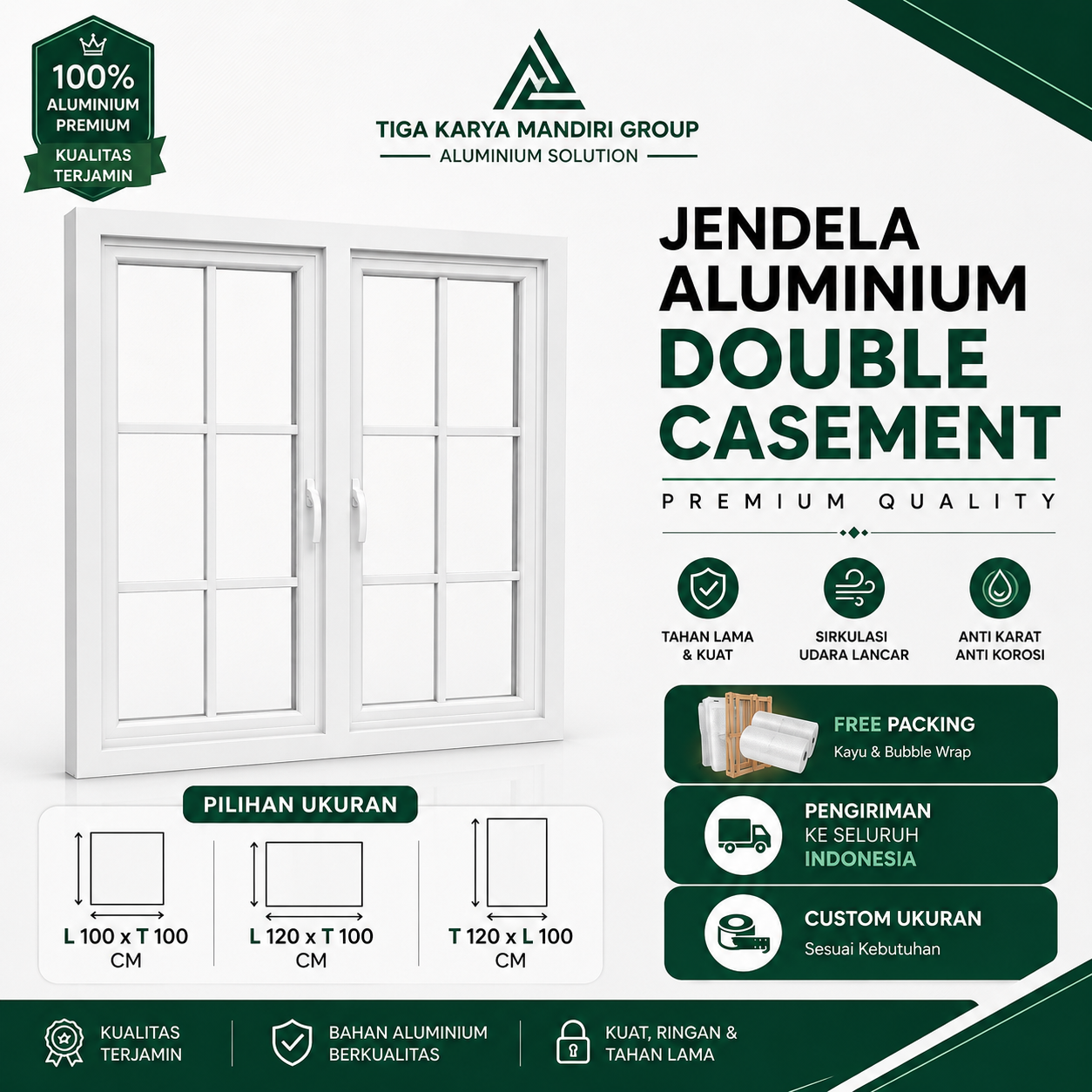 Jendela Aluminium Double Casement Minimalist | 2 Daun | Custom Ukuran