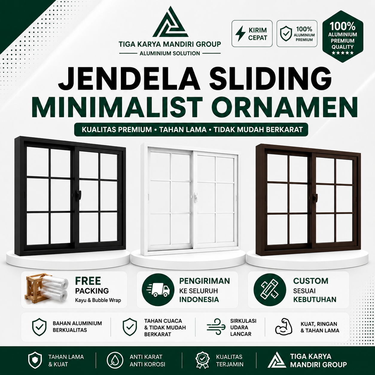 Jendela Sliding Aluminium Minimalis | Ornamen List Kotak | Custom Ukuran