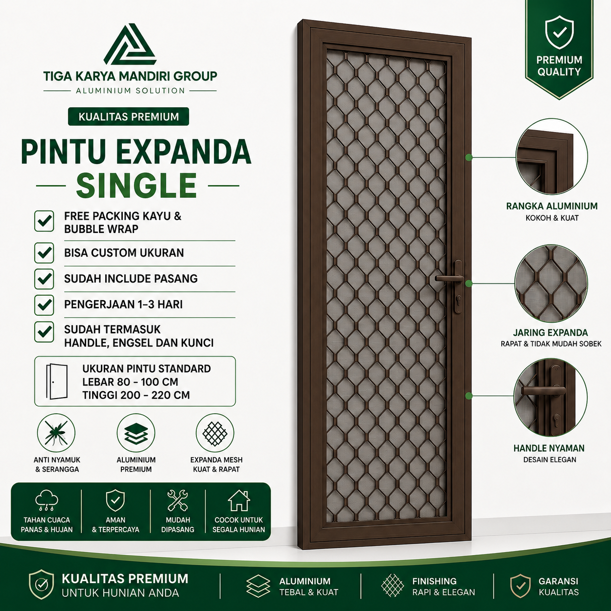 Pintu Expanda Single Aluminium Kasa Nyamuk Premium | Anti Karat & Super Kokoh