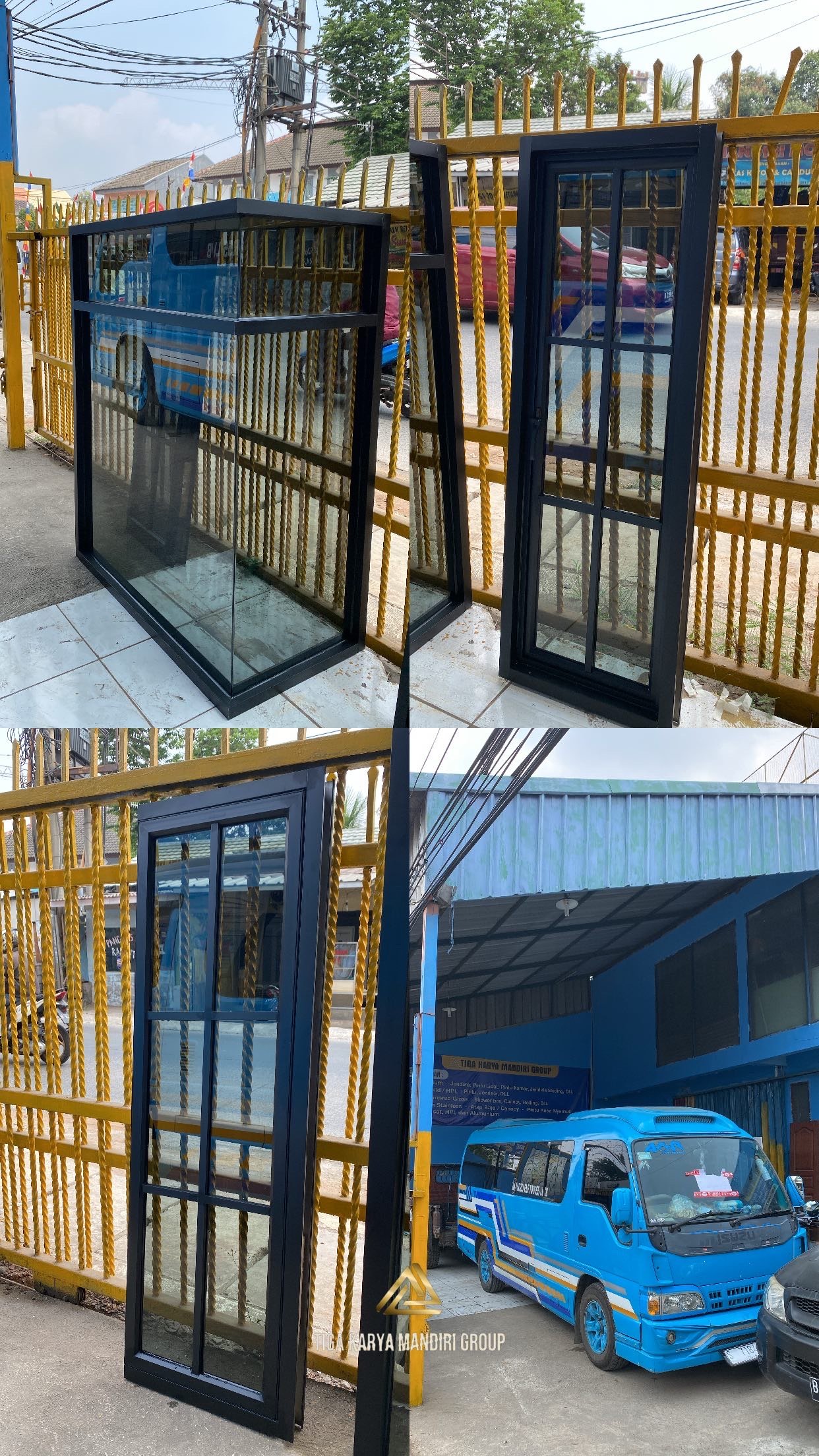 kaca mati siku + pintu aluminium list kotak kotak ornamen, bekasi