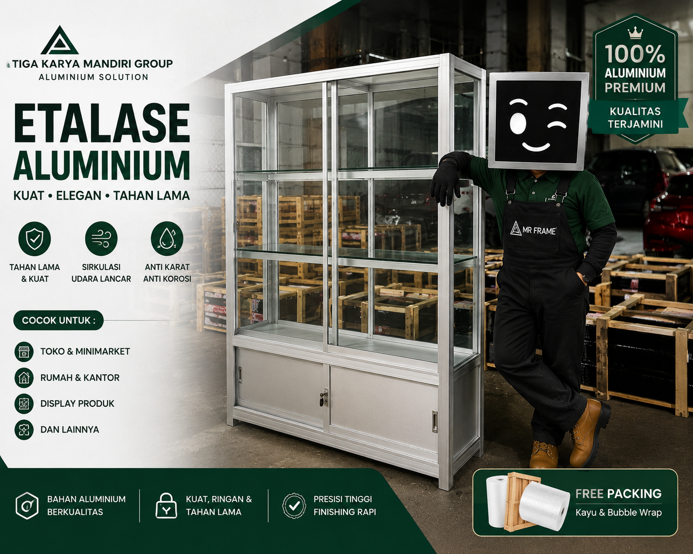 Etalase aluminium custom berkualitas di Bekasi oleh Tiga Karya Mandiri Group